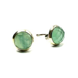 Vintage Prehnite Sterling Silver Stud Earrings—Faceted Round Cabochon Posts —EUC